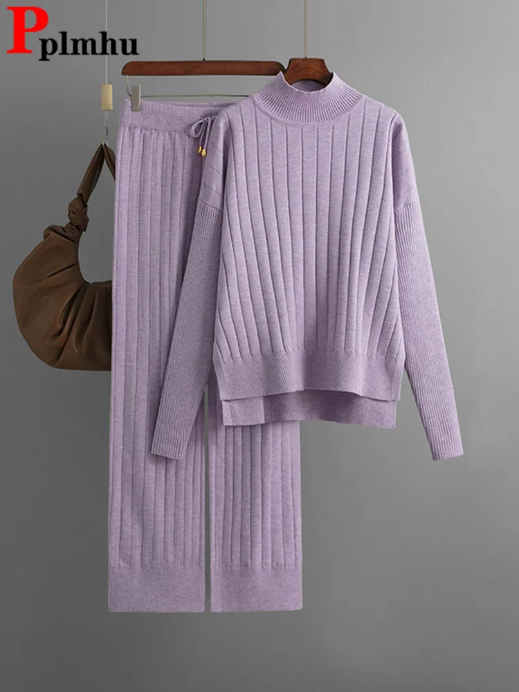 

Женский однотонный вязаный комплект из 2 предметов, свитер с высоким воротником на осень и зиму, пуловер, топы, повседневные спортивные штаны с высокой талией, наряд