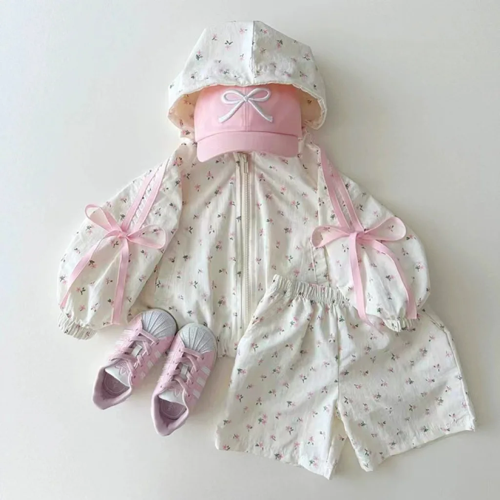 2024 Summer New Girls Long Sleeve Bow Sunscreen Jacket + Shorts 2pcs Suit Baby Hooded Cardigan Clothes Set Toddler Girl Outfits