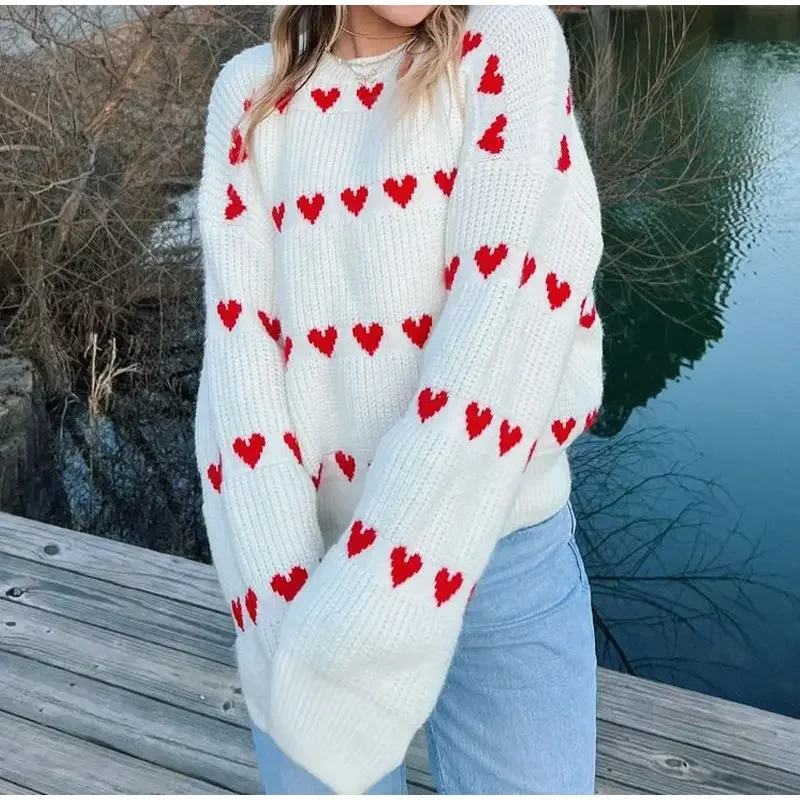 Round Neck Long Sleeved Heart-shaped Women Sweater Autumn Winter Knitwear Soft Warm Tops Chic Solid Femme Sweater