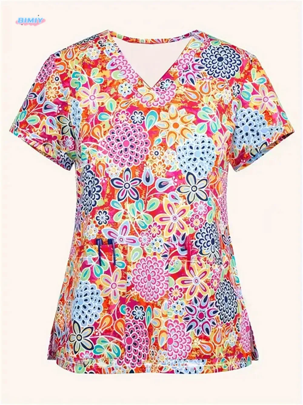 Ladies Nurse Uniform Short Sleeve V-neck Workwear Cartoon Print Working Uniform Woman Polyester Casual Medical Nursing Blouse