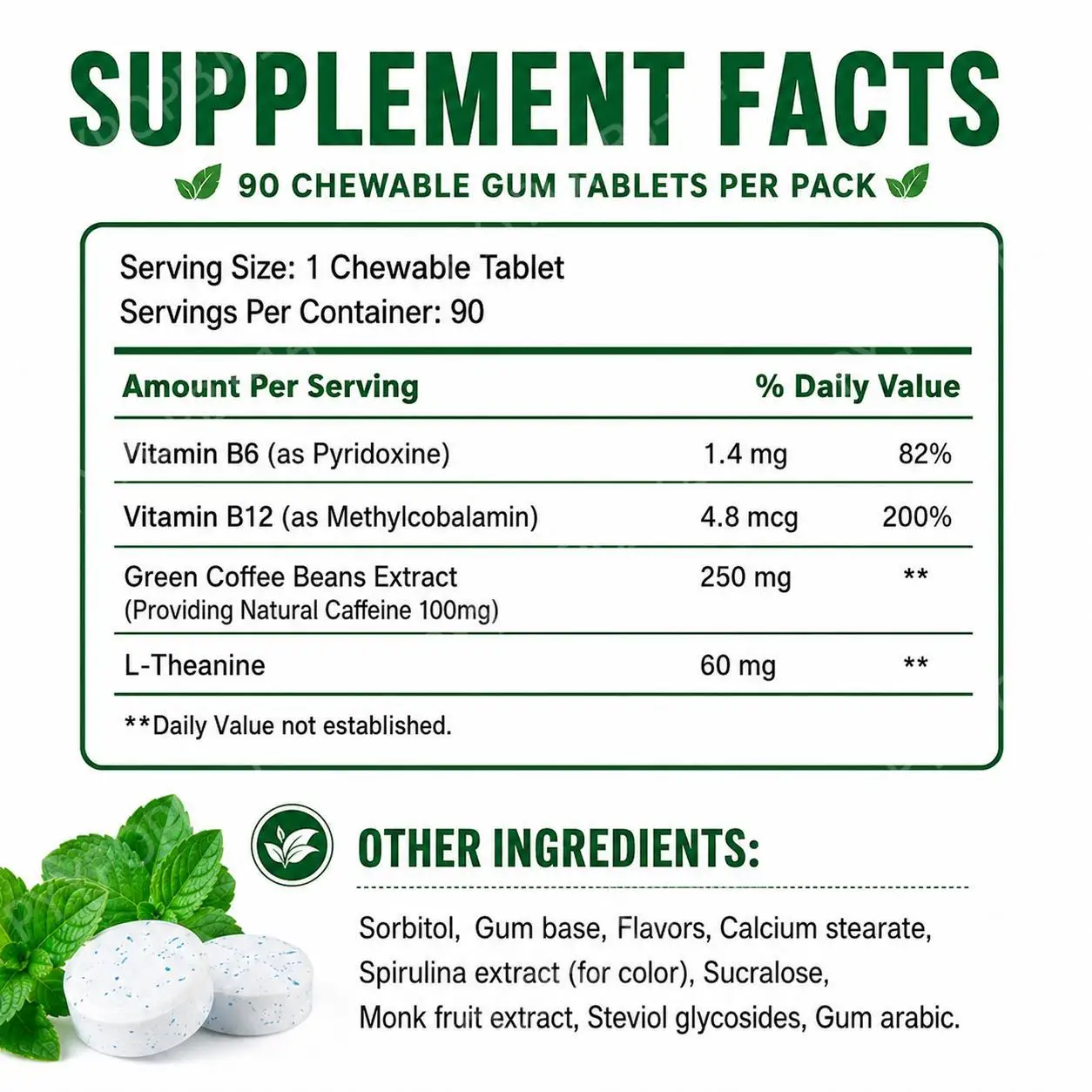 Docteat Energy & Focus Gum Chewable Tablets with Green Coffee Extract, L-Theanine, Vitamin B6 & B12, Zero Sugar 90 Pieces