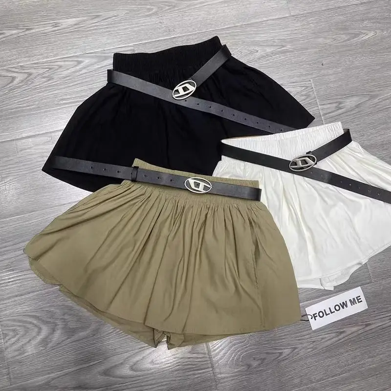 Summer Solid Color Belt A-line Shorts Skirts Fashion Versatile Elastic Waist Slim High Waist Loose Casual Black Skirt for Women