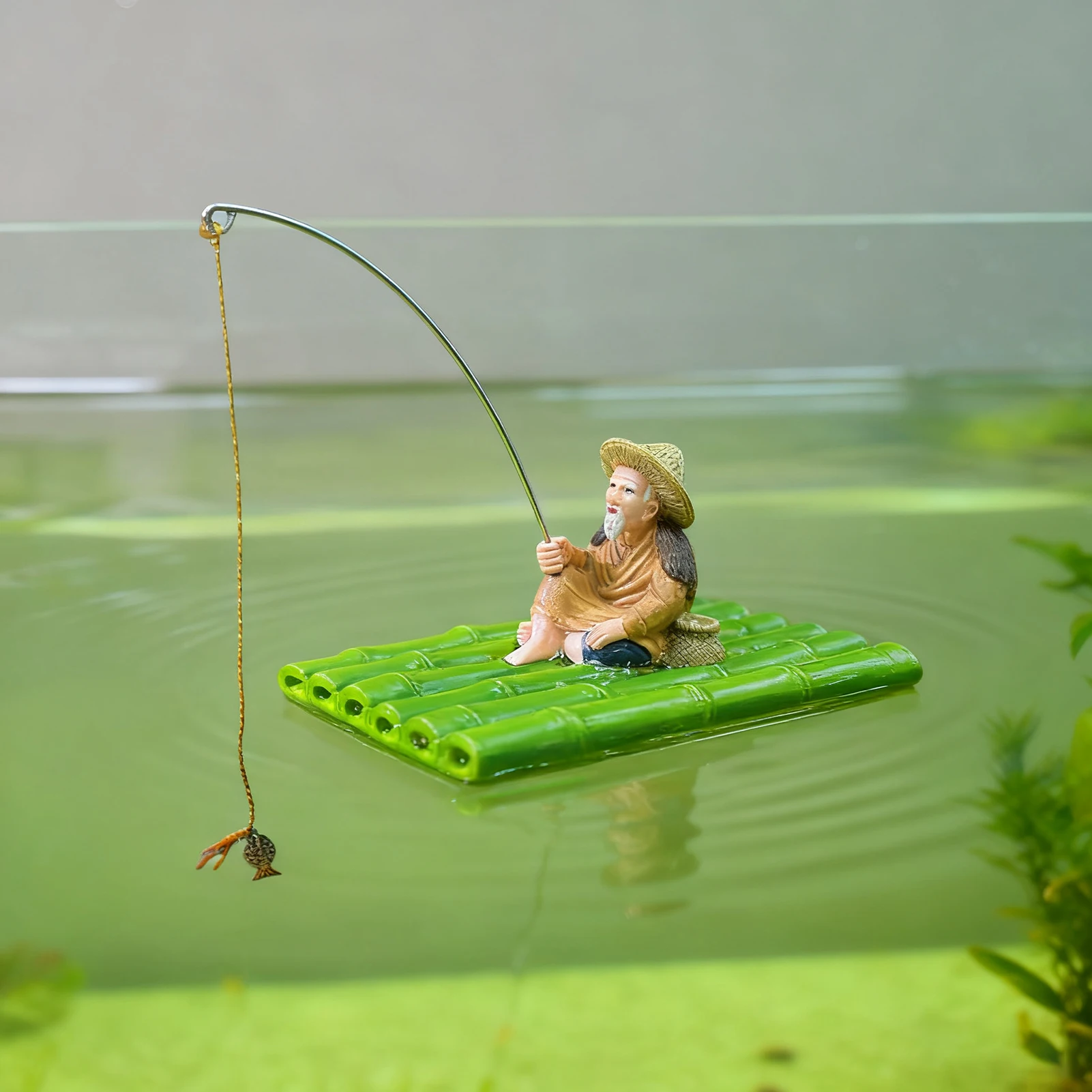 Floating Bamboo Raft Fishing Ornament Feeding Platform For Miniature Landscape Decoration Garden Statue Outdoor Decoration