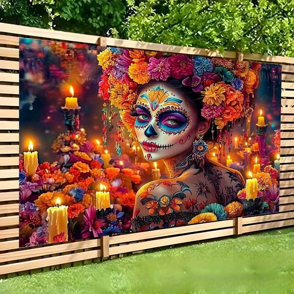 Tag der Toten Party Kulissen Totenkopf und Blumen Kaktus Bunte Kerzen Dekor Banner Fotografie Hintergrund Requisiten – Detail 2