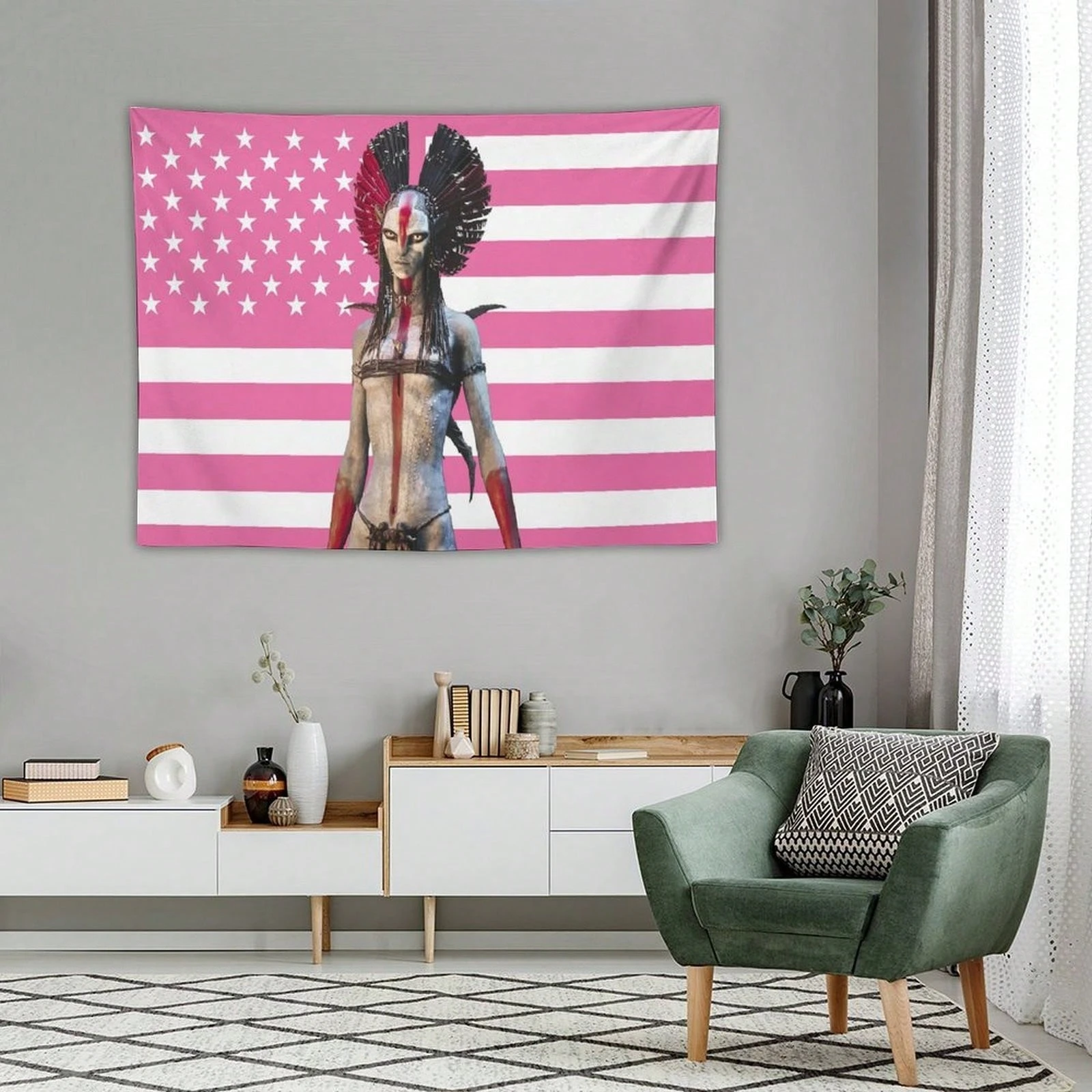 1pc Pink American Flag Demon Tapestry, Edgy Meme Wall Hanging, Cool Room Stuff, Large Size, Polyester 2D Print, Bedroom Stuff, A