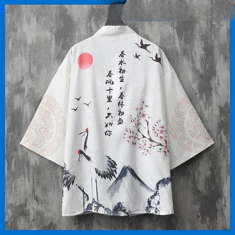 رداء هانفو داو على الطراز الكوري مطبوع عليه طائر أصفر البرقوق عصري فضفاض غير رسمي على الطراز القديم للرجال