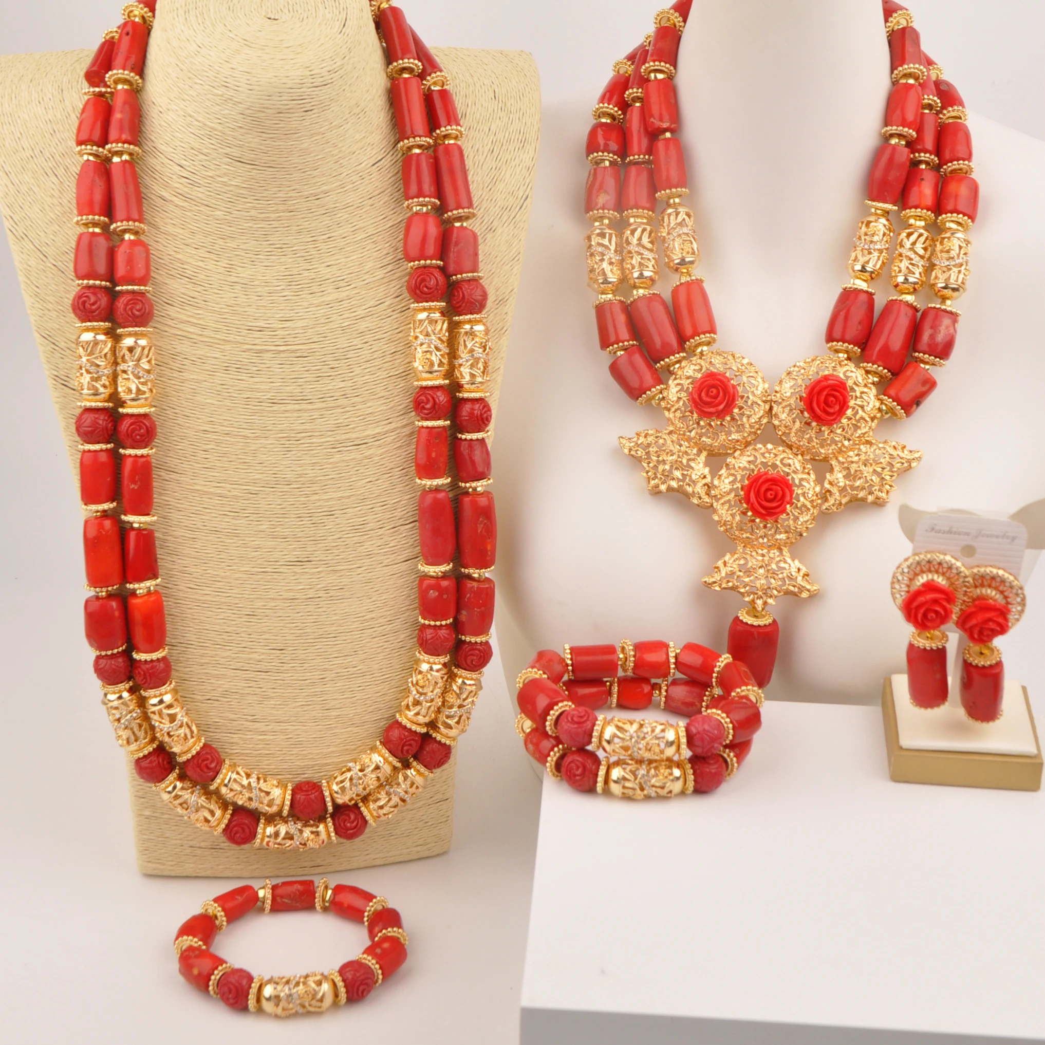 

Red African wedding couple set Nigeria coral beads jewelry sets