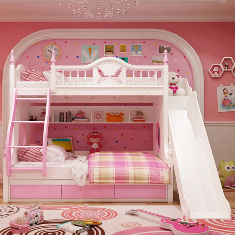 pink Children Furniture The quality of wood bunk bed for kids