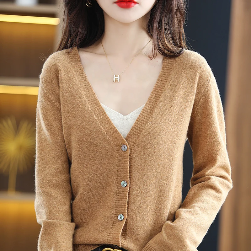 Cashmere Women's cardigan V-neck sweater Spring autumn winter women's long sleeve fashion simple atmosphere wool knitting soli