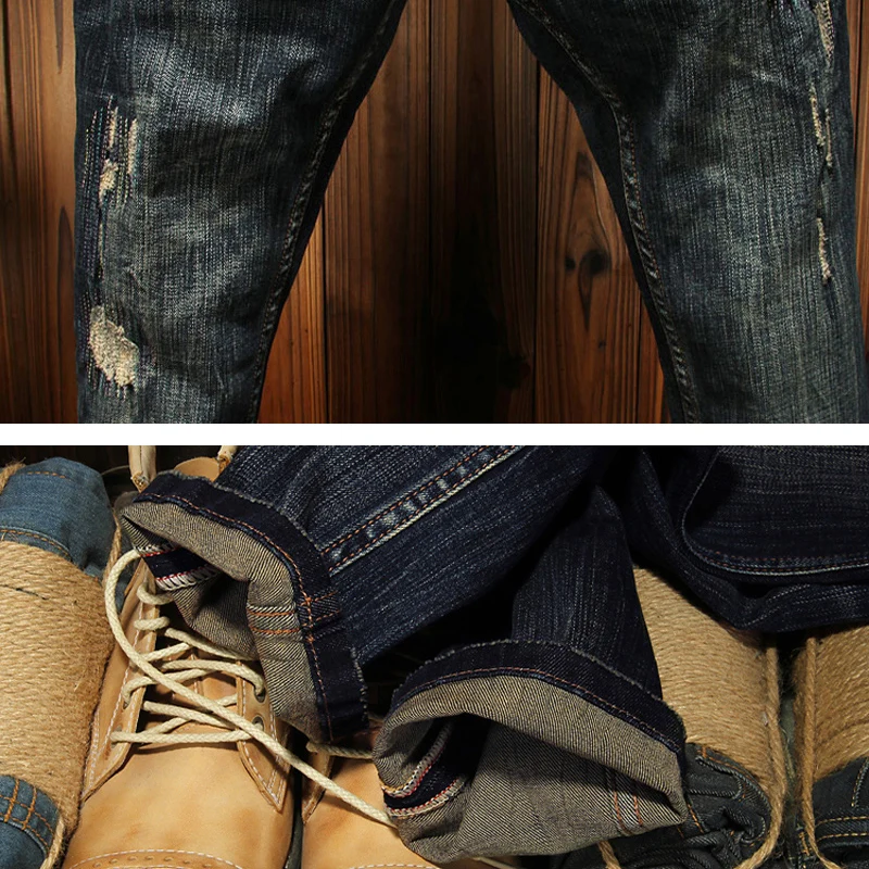 Italian Fashion Men Jeans Retro Black Blue Elastic Slim Fit Vintage Ripped Jeans Men Embroidery Patchwork Designer Denim Pants