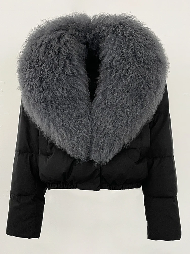 

2025 Women New Fahsion Short Puffer Jacket Winter Clothing Big Real Mongolia Sheep Fur Collar White Duck Down Coat Female