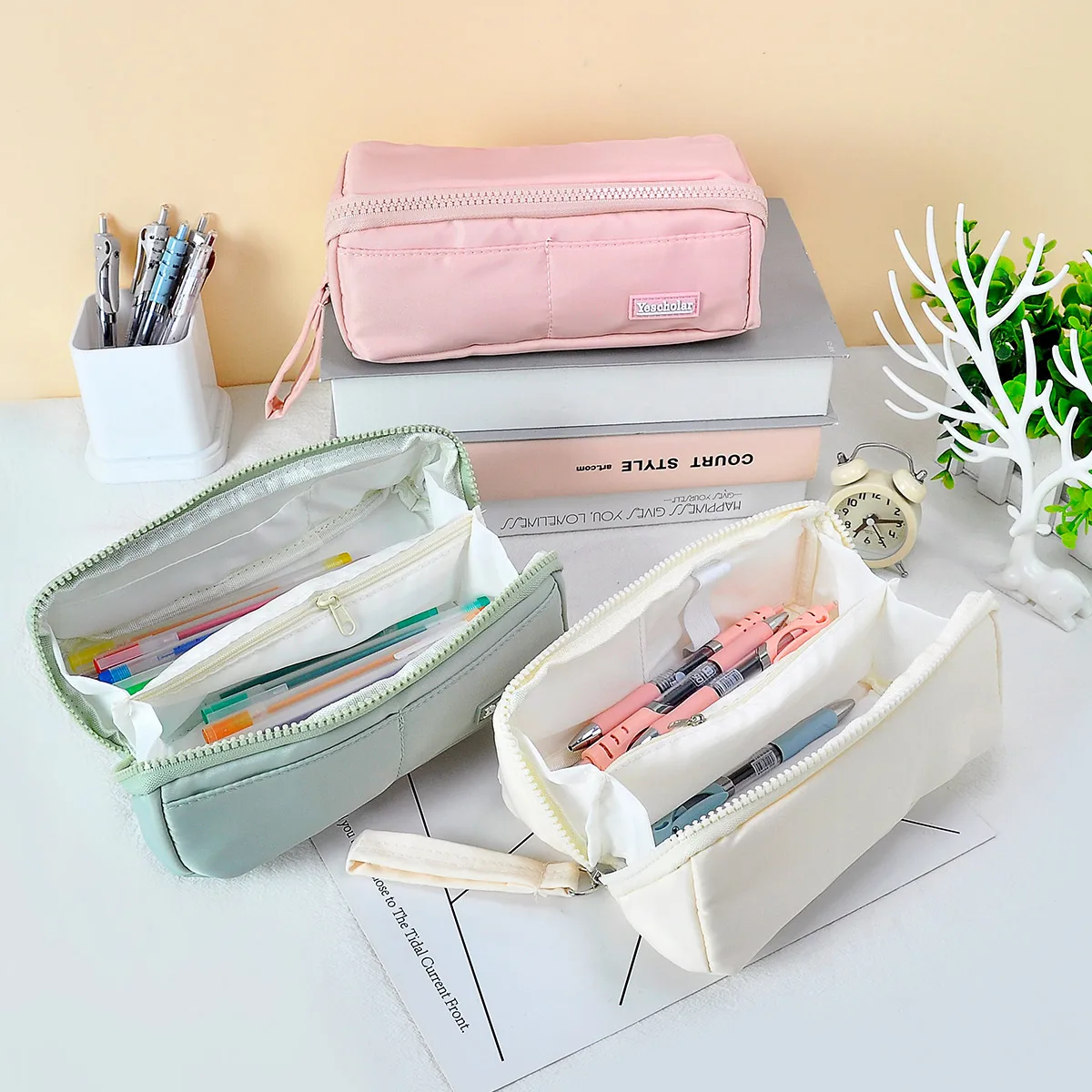 Large Zipper Pencil Case Quilted Soft Large Capacity Pen Bag for School