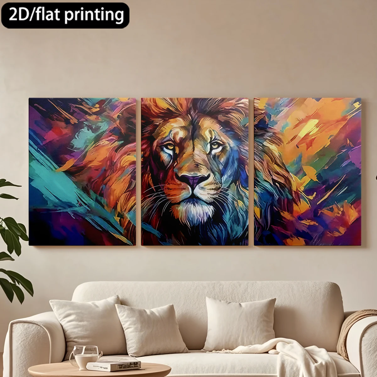 

Декоративная картина на холсте с 2D-печатью, 3-х частная, в деревянной раме, для спальни, с изображением разбрызгивающегося льва, яркая.
