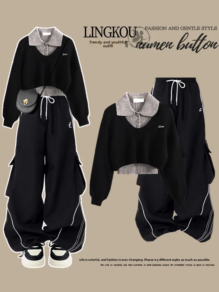 

plus Size Casual Knitted Set Women's Loose Sweater High Waist Slim Wide Leg Sports Pants Tee Piece Set Autumn Faion Ensemble