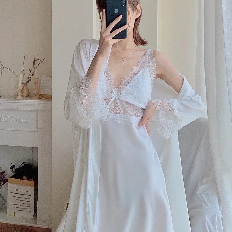 Summer Women Sleepwear Nightgown Pink Lace Bride Bridesmaid Wedding Robe Kimono Gown Sexy Sleep Set Silky Satin Loose Home Dress