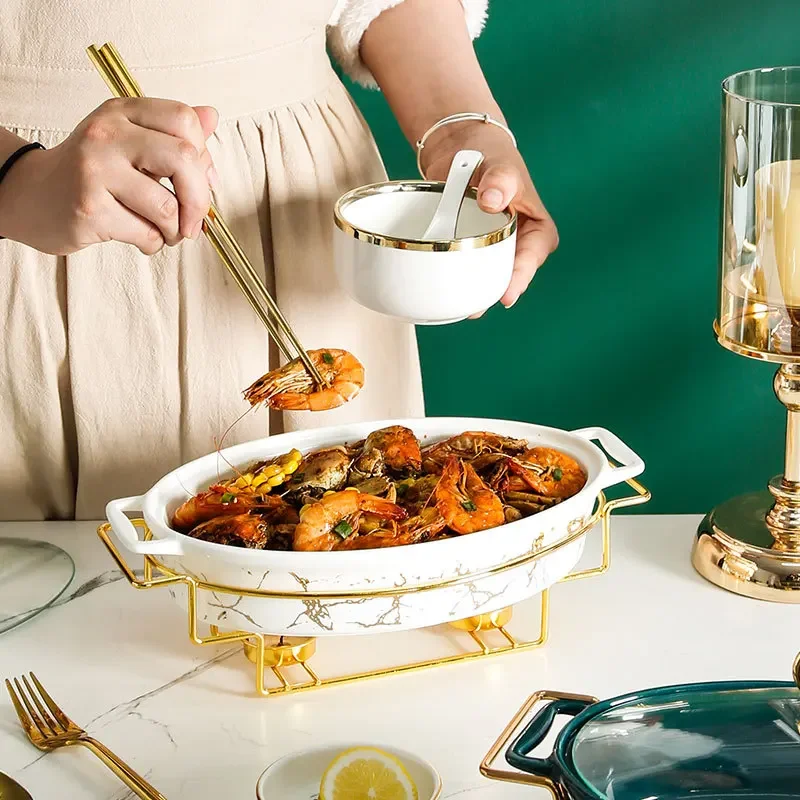 Nordic style oval ceramic soup pot household hotel tableware casserole holder candle heating fish plate binaural dry pot