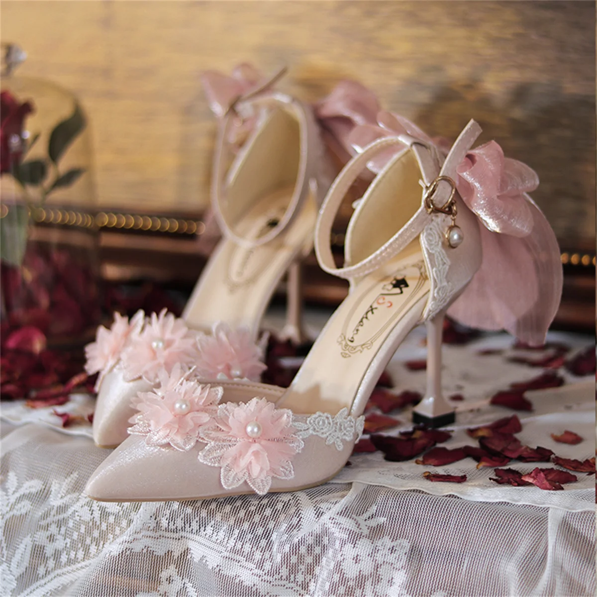 

French Elegant Palaca Tea Party Style Girls Shoes Lolita Wedding Ribbon Bowknot Lace Ruffle Flower Pearls Noble 8cm High Heeled