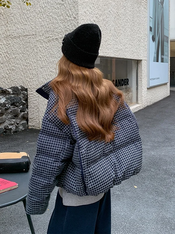 Manteau d'hiver rétro vintage pour femme, style puffer, col montant, coupe ajustée, motif à carreaux, vêtement décontracté