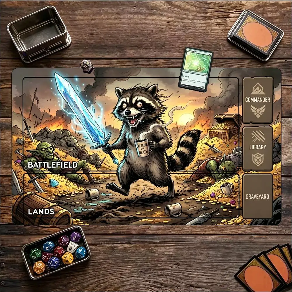 Epic Pirate Raccoon Large Game Mat Non‑Slip Rubber Playmat Bold Nautical Fantasy Art for Trading Card Tabletop Hobby Table Decor