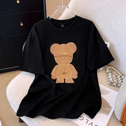 女性用半袖Tシャツ,サマートップ,韓国ファッション,ベアプリント