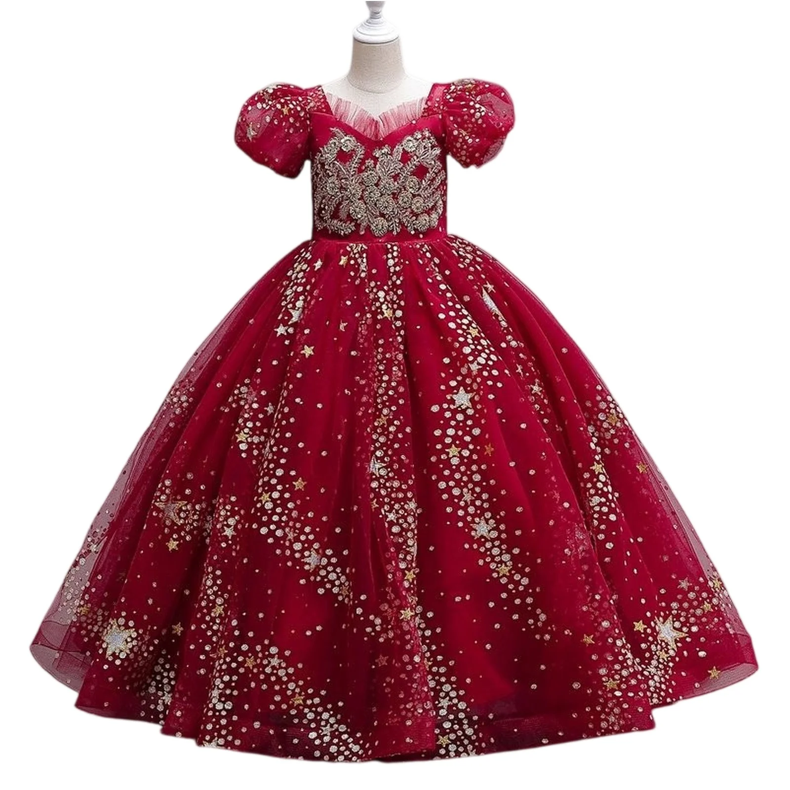 

Girls Princess Dress Girls' Flower Wedding Dress Fluffy Sleeve Long Skirt Dress Kids Formal Party Dress Performance Wedding Gown