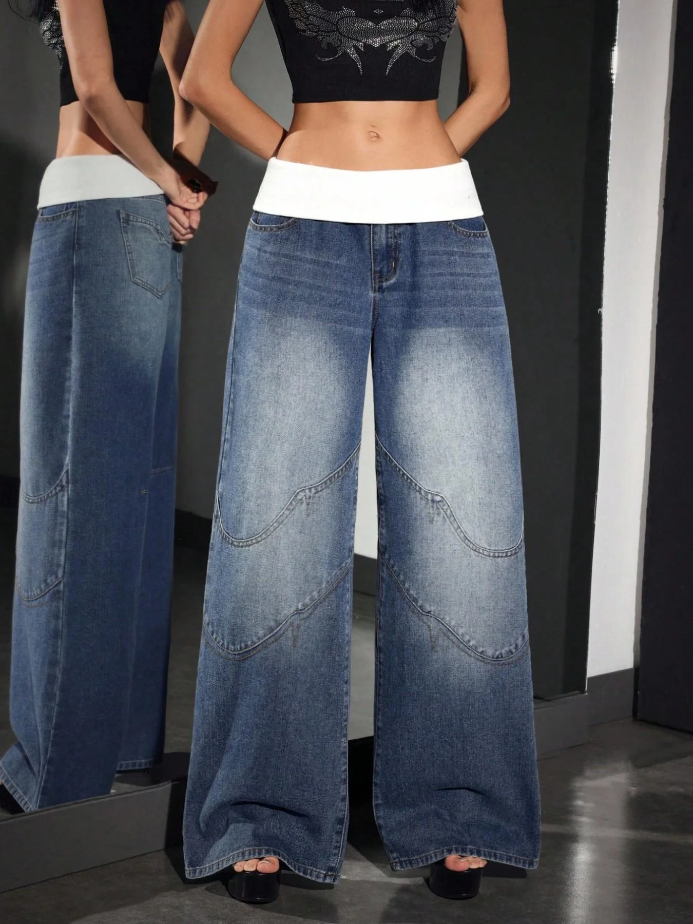 American Retro Street Style Waistband Gradient Denim Jeans, Loose Fit Slimming Design, Casual All Seasons Fashion