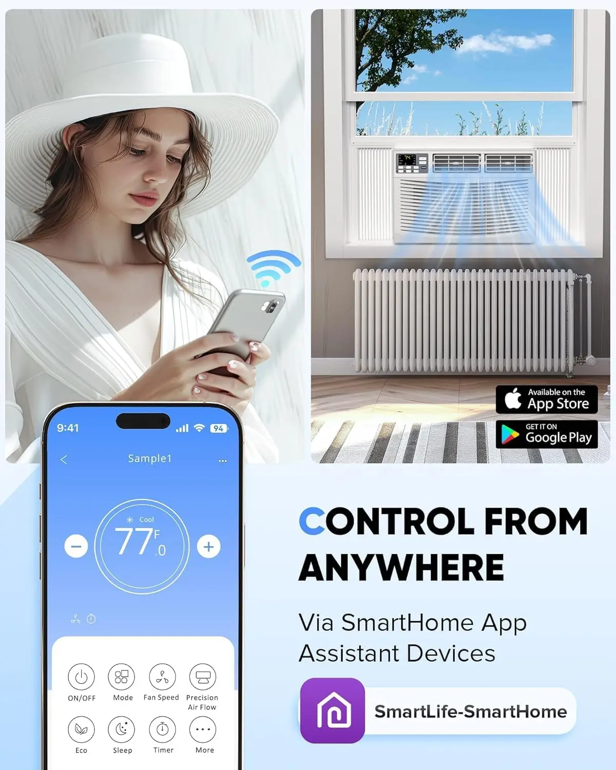 8000 BTU Window Air Conditioner with Wi Fi Ultra Quiet 3-in-1 AC Unit Remote Energy Efficient Cooling for Rooms up to 350 Sq.