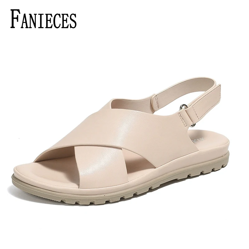 

Elegant Women Genuine Leather Flats Heels Sandals Non-slip Roman Cross-buckles Summer Comfort Casual Daily Shoes Woman Sandals