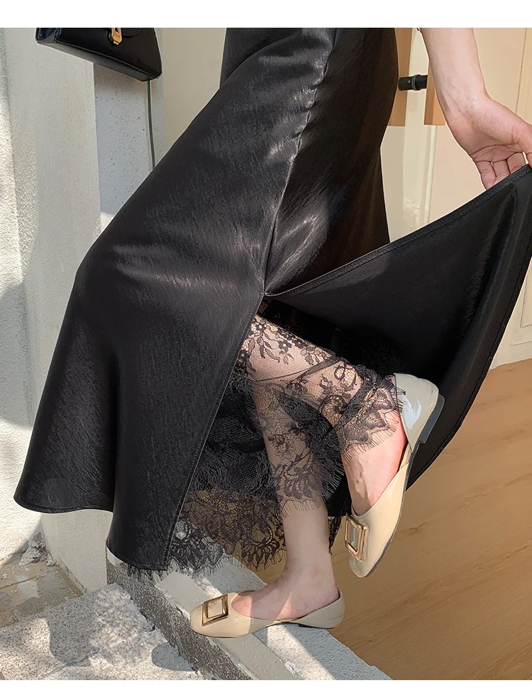 2026 Sommer Herbst Neuer Schlanker Hochwertiger Modischer Halbrock Eleganter Spitzenbesatz Satin Seitenschlitz Damen Midi-Rock – Detail 27