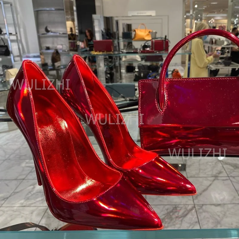 

Burgundy Shiny Leather Evening Sexy Lady Pump Metal Bag Girl Stiletto Pointed Heels Hollow Party Sandal Hand Chain Shoulder Shoe