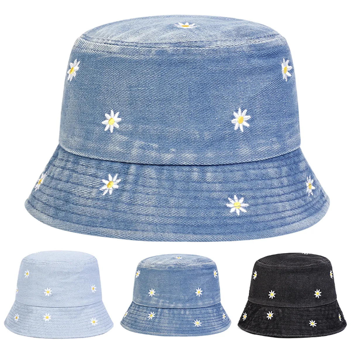 Unisex Daisy Embroidery Denim Bucket Hats Fishermen Caps Outdoor Casual Cap Sunscreen Hat