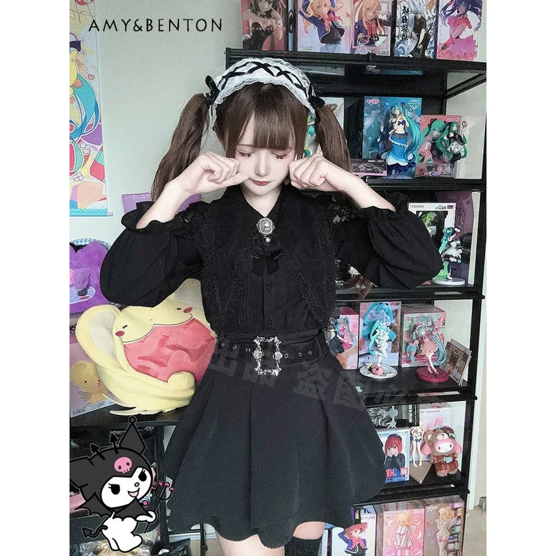 

25COSMine Series Mass Production Retro Lace Splicing Lapel Off-Shoulder Short Sleeve Shirt High Waist Skirt Two-piece Set Lolita