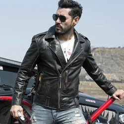Retro Black Winter Leather Jacket Men Vintage Style Plus Size 5XL Genuine Natural Thick Cowhide Diagonal Zipper Leather Coat