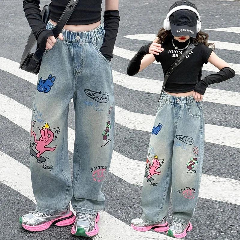 

Джинсы для девочек с принтом, широкие брюки, новинка весна-осень 2026, модные прямые брюки с принтом, подходят для детей
