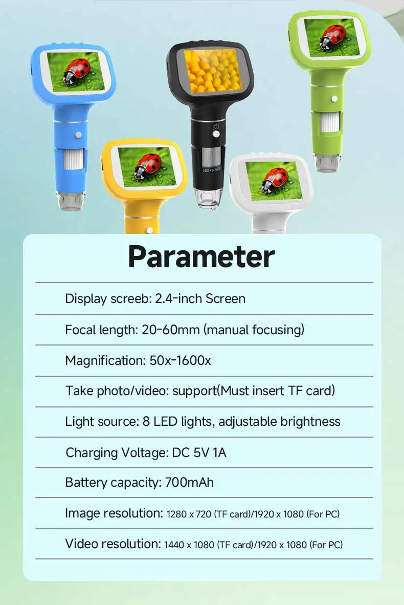 Dodosee 2.4 Inch Digital Microscope 1600X 1080P 8 Lights Handheld Kids Microscopes Supports Photo Video Magnifier Tools for Coin