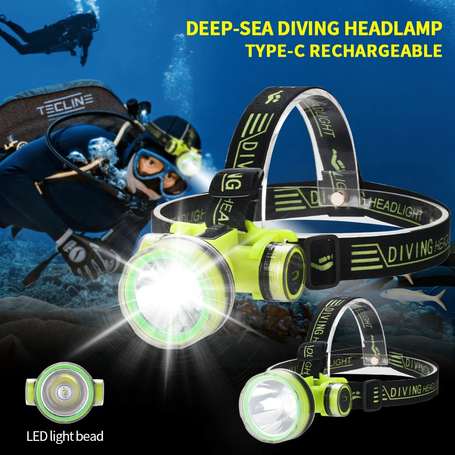 LED Super Bright Headlamp with Built-in Battery USB Charging IPX8 Diving Headlight Fishing Shrimping Diving Playing Head Torch