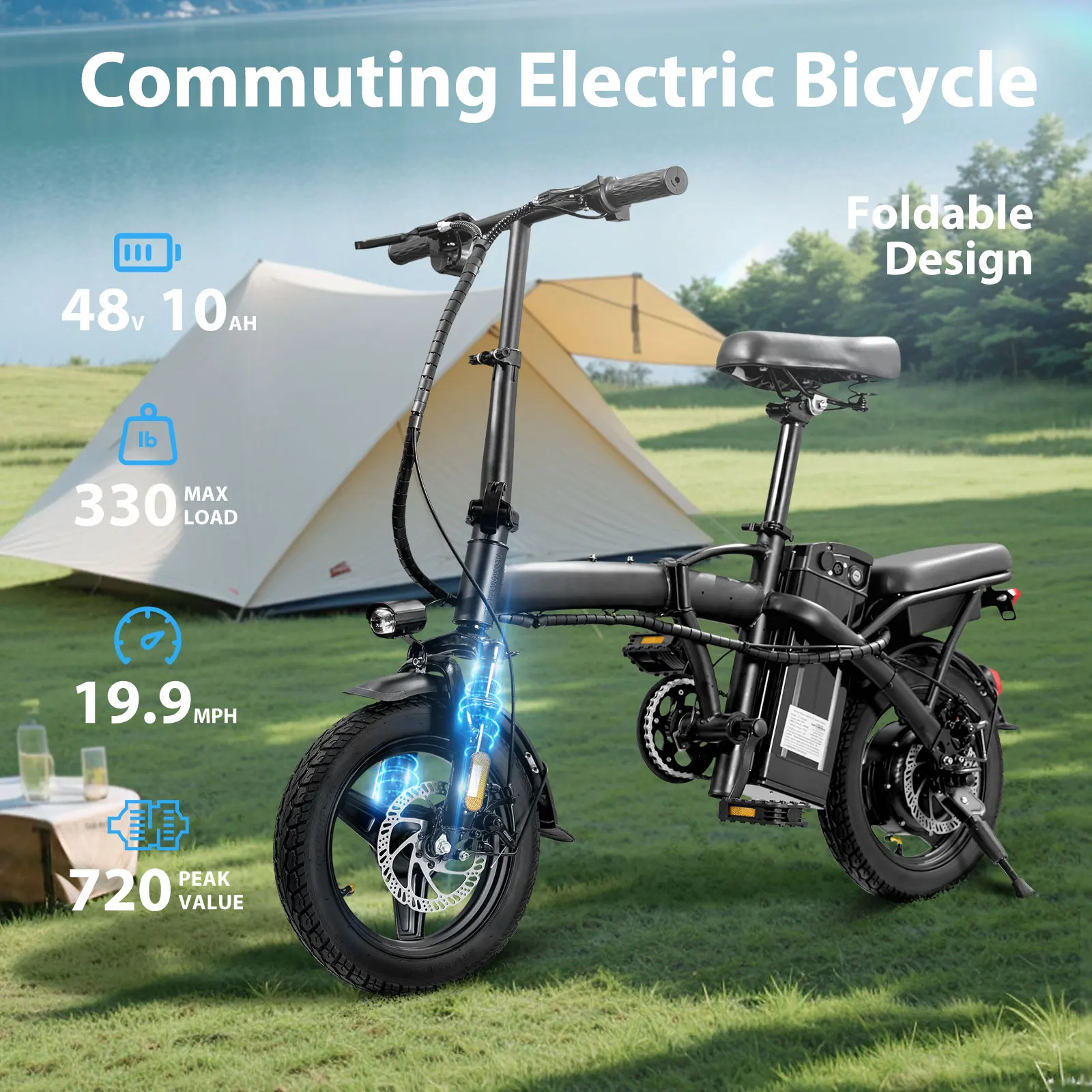 350W motor adult electric bicycle, foldable with seat and basket, 14 inch 48V 10.4Ah detachable battery, 22 mile range 20MPH