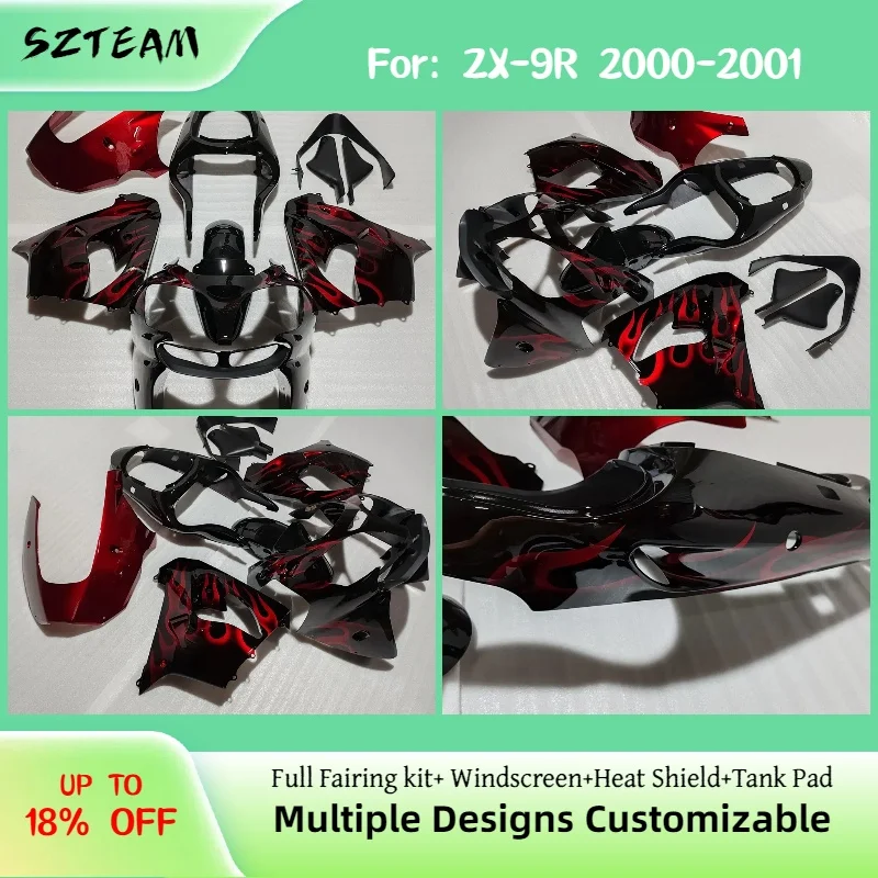

For Kawasaki ZX9R 2000 2001 ABS Fairings ZX 9R 00 01 Red Flame Motorcycle Injection Panel Bodywork Frame Protector Kits