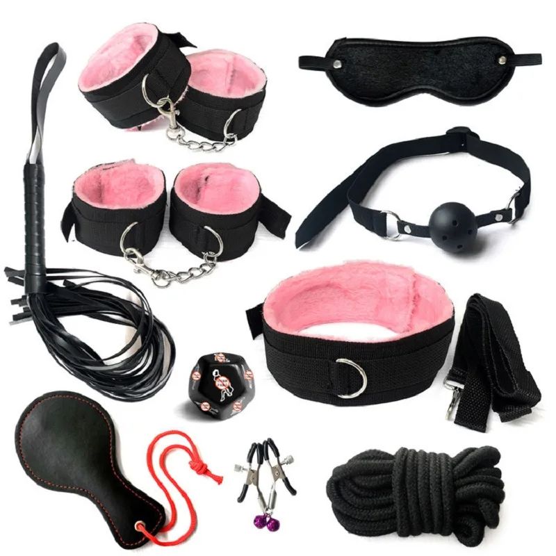 10PC BDSM Bed Restraints Sex Toy Kits Handcuffs 18+ Adult Sex Game Sexy Suit Nipple Clipper Mouth Gag Whip Sex Feather Soft SM 