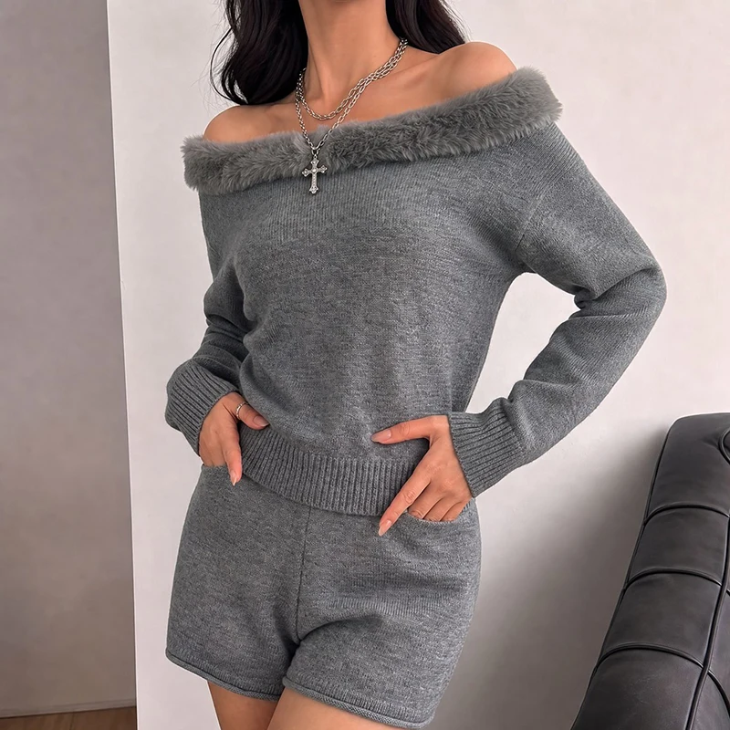 Women Faux Fur Trim Off Shoulder Knit Co‑ord Set Slash Neck Knitted Top Elastic Waist Shorts Suit Loose Long Sleeve Warm Outfits
