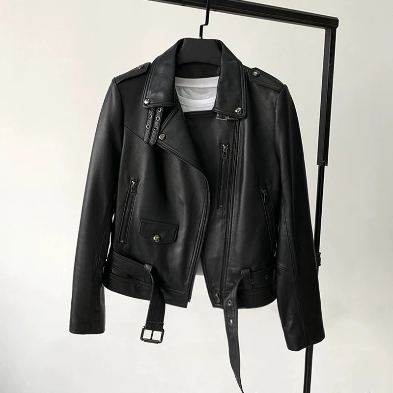 M-3XL femmes décontracté à lacets ceinture en peau de mouton vestes 2025 automne hiver blanc/rose femme courte en cuir véritable Biker veste vêtements