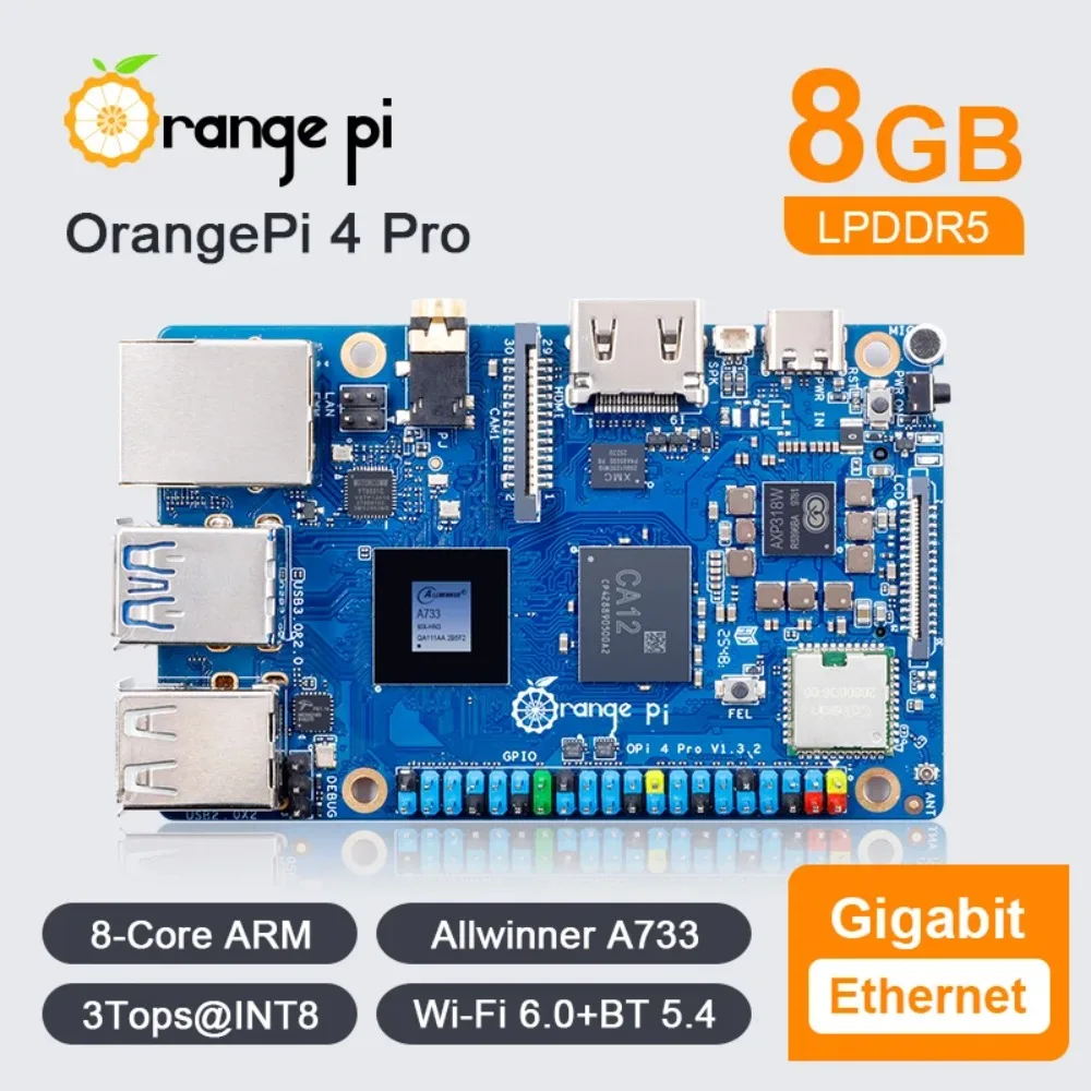 AvaCoreOrange Pi 4 Pro 8GB RAM DDR5 Allwinner A733 Mini PC WiFi6+Bluetooth M.2 PCIE SSD Dual MIPI-CSI 3TOPS NPU Single Board Com