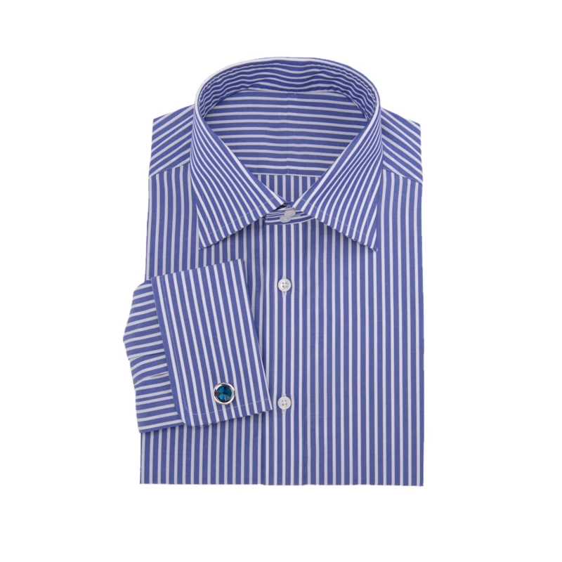 High quality double button high necked men\'s long sleeved shirt with 100% cotton blue stripe custom French shirt for men