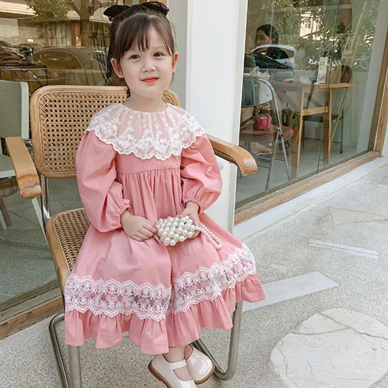 

2024Spring Long Sleeve Girl Princess Dress New Children Western Style Lace Dress Generation Hair