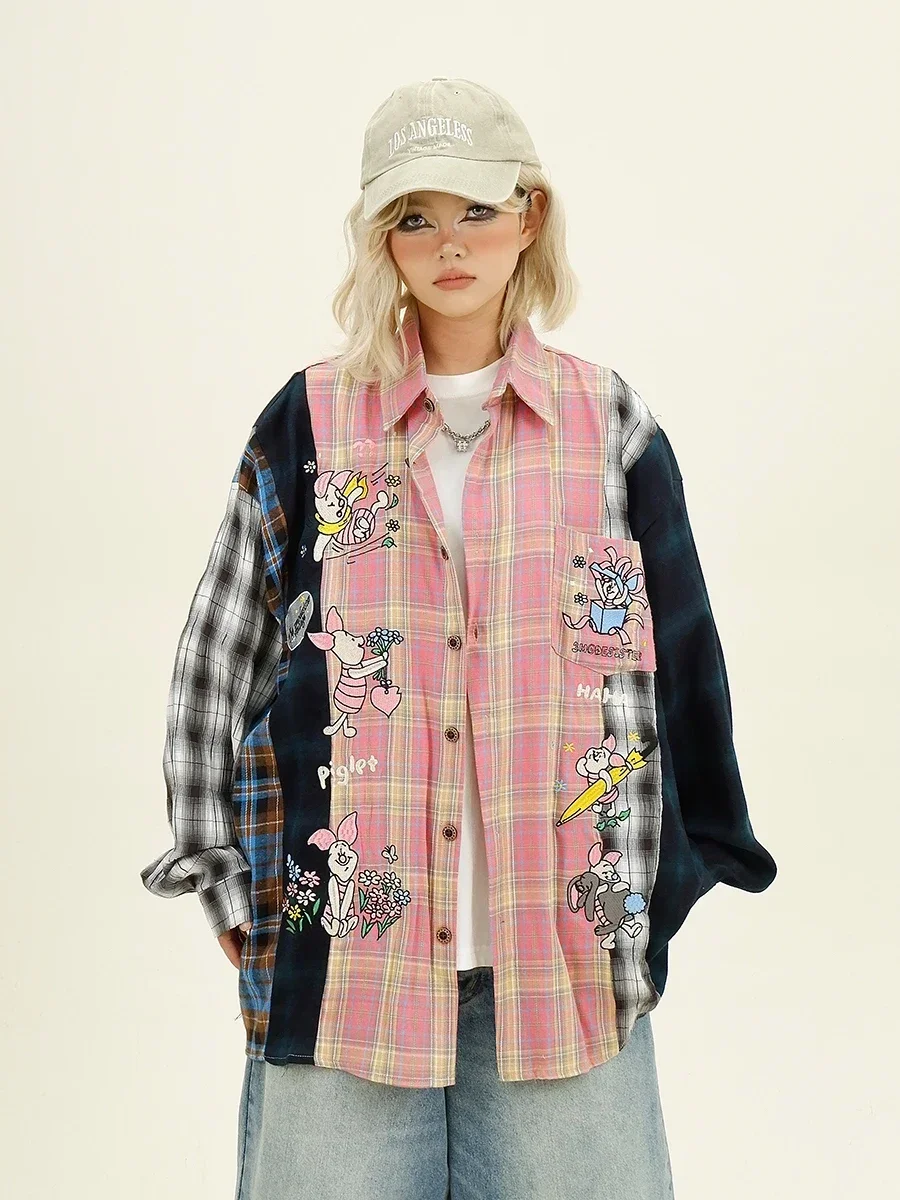 Cartoon Plaid Splicing Long-sleeved Shirt Autumn New Loose Bf Japanese Retro Top Trendy Girl 2024