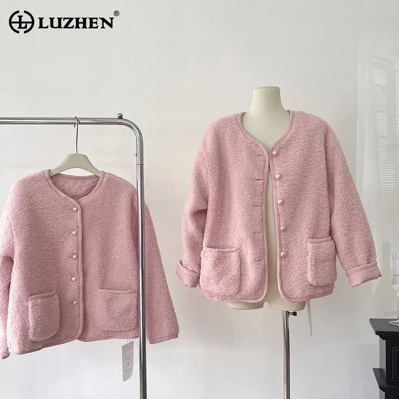 LUZHEN 2024 Winter Solid Color Casual Fleece Coat Women's Fashion Round Neck Big Pocket Elegant Female Lamb Wool Jacket AA2475