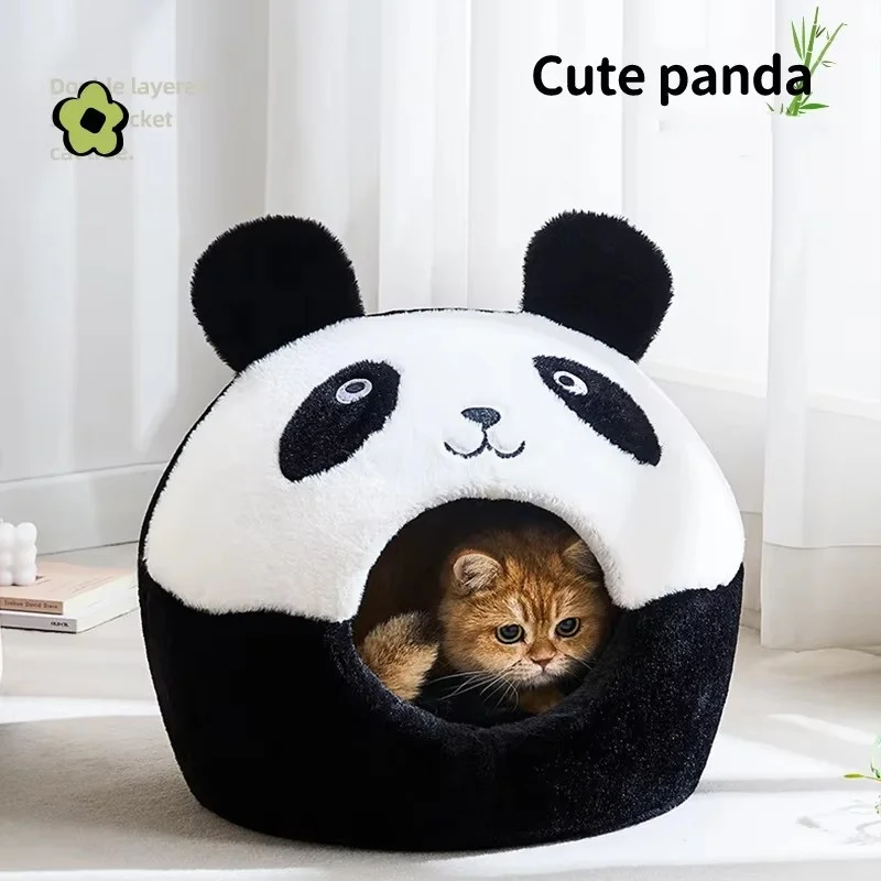 Novelty Panda Design Cat Bed Cave, Soft Plush Enclosed Cat Nest, Warm All-season Pet House for Indoor Cats