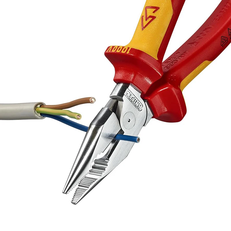 KNIPEX 08 26 185 Long Nose Combination Pliers 7.2-inch Insulated High Leverage Joint Pliers with Multi-component Grips