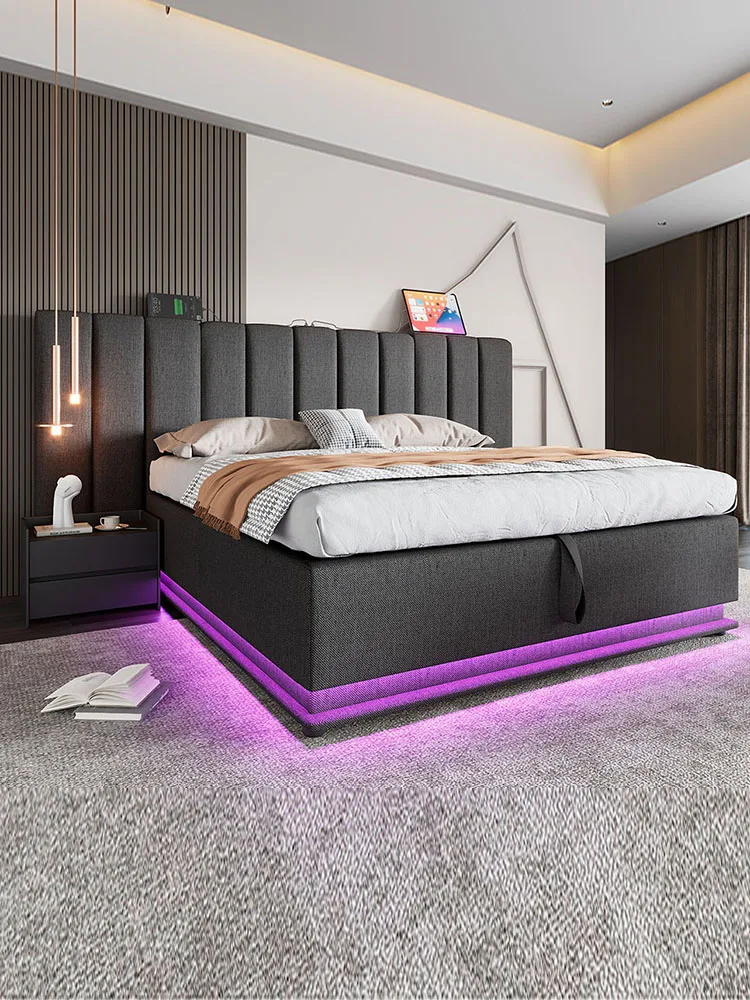 KOMHTOM Polsterbett, Stauraumbett mit LED und USB-C Ladefunktion, Leinen (Ohne Matratze und Nachttisch)