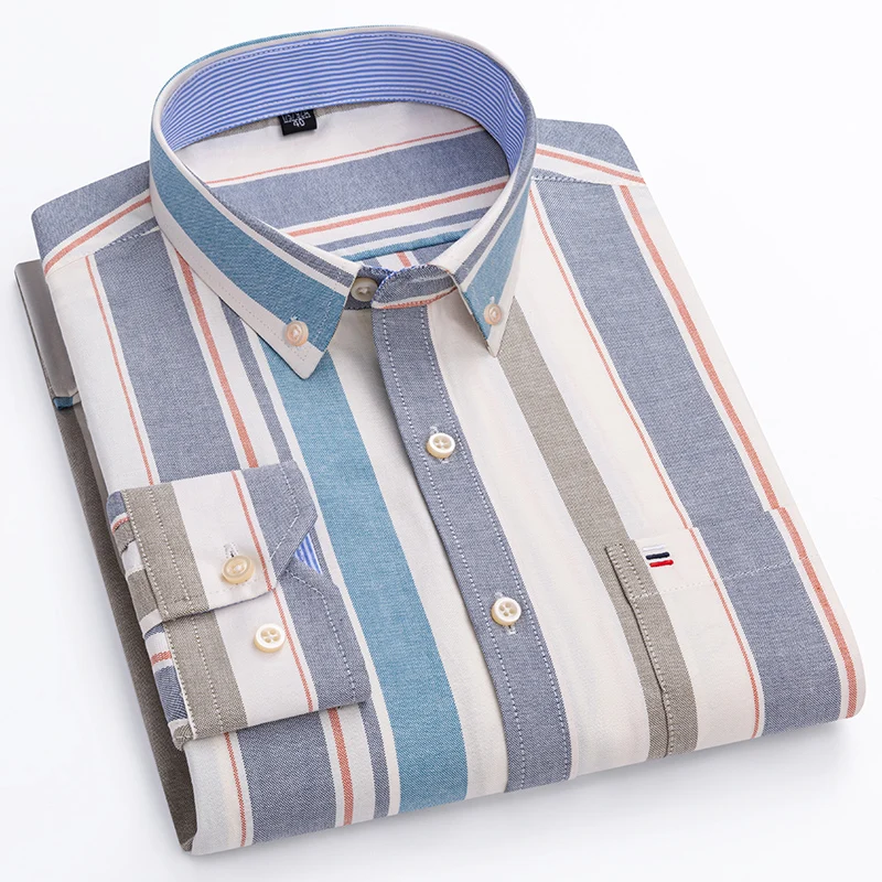 M~7XL High Quality 100% Cotton Oxford Mens Plaid Shirts Man Embroidery Casual Long Sleeve Shirt for Men White Blue Dress Shirt